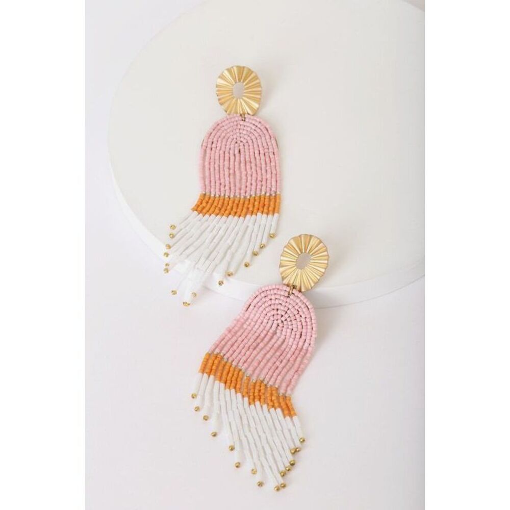Rush of Beauty Pink Multi Beaded Fringe Earrings